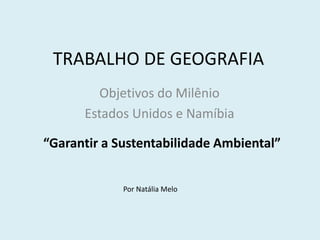 TRABALHO DE GEOGRAFIA Objetivos do Milênio Estados Unidos e Namíbia “Garantir a Sustentabilidade Ambiental” Por Natália Melo 