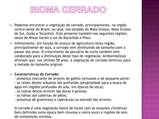    Podemos encontrar a vegetação de cerrado, principalmente, na região
    centro-oeste do Brasil, ou seja, nos estados do Mato Grosso, Mato Grosso
    do Sul, Goiás e Tocantins. Está presente também nas seguintes regiões:
    oeste de Minas Gerais e sul do Maranhão e Piauí.
   Infelizmente, em função do avanço da agricultura nesta região,
    principalmente de soja, o cerrado vem diminuindo de tamanho com o
    passar dos anos. O crescimento da pecuária de corte também tem
    colaborado para a diminuição deste tipo de vegetação. Ambientalistas
    afirmam que, nos últimos 50 anos, a vegetação do cerrado diminuiu para
    a metade do tamanho original.

   Características do Cerrado:
    - presença marcante de árvores de galhos tortuosos e de pequeno porte;
    - as raízes destes arbustos são profundas (propriedade para a busca de
    água em regiões profundas do solo, em épocas de seca);
    - as cascas destas árvores são duras e grossas;
    - as folhas são cobertas de pêlos;
    - presença de gramíneas e ciperáceas no estrado das árvores.

    O cerrado é uma vegetação típica de locais com as estações climáticas
    bem definidas (uma época bem chuvosa e outra seca) e regiões de solo
    de composição arenosa.
 