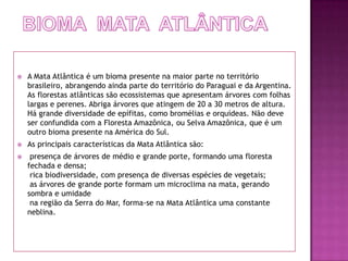    A Mata Atlântica é um bioma presente na maior parte no território
    brasileiro, abrangendo ainda parte do território do Paraguai e da Argentina.
    As florestas atlânticas são ecossistemas que apresentam árvores com folhas
    largas e perenes. Abriga árvores que atingem de 20 a 30 metros de altura.
    Há grande diversidade de epífitas, como bromélias e orquídeas. Não deve
    ser confundida com a Floresta Amazônica, ou Selva Amazônica, que é um
    outro bioma presente na América do Sul.
   As principais características da Mata Atlântica são:
    presença de árvores de médio e grande porte, formando uma floresta
    fechada e densa;
     rica biodiversidade, com presença de diversas espécies de vegetais;
     as árvores de grande porte formam um microclima na mata, gerando
    sombra e umidade
     na região da Serra do Mar, forma-se na Mata Atlântica uma constante
    neblina.
 