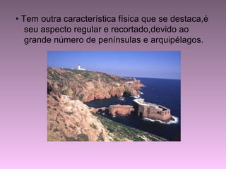 • Tem outra característica física que se destaca,é
seu aspecto regular e recortado,devido ao
grande número de penínsulas e arquipélagos.
 