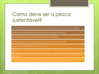 Como deve ser a pesca
sustentável?
Deve ser administrada de modo a considerar todas as espécies de vida marinha de um ecossistema.


Deve ajudar a proteger as espécies marinhas sensíveis e os habitats vulneráveis.


Deve manter os stocks de todas as espécies alvo num nível saudável.


Deve usar métodos de pesca seletivos e que não destruam os habitats marinhos.


Deve manter a biodiversidade associada à pescaria.

Deve proteger o oceano garantindo eficiência energética e minimizando o uso de químicos e produção
de lixo.

Deve operar de maneira social e economicamente justa e responsável de modo a não prejudicar outras
populações.

Deve oferecer a completa traçabilidade de todos os peixes que vende, desde o ponto de captura até o
mercado, de modo que os clientes identifiquem facilmente que são produtos sustentáveis.
 