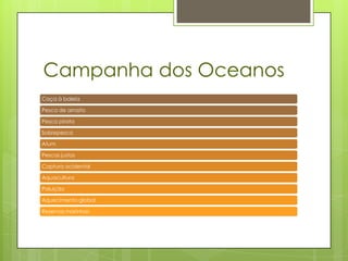 Campanha dos Oceanos
Caça à baleia

Pesca de arrasto

Pesca pirata

Sobrepesca

Atum

Pescas justas

Captura acidental

Aquacultura

Poluição

Aquecimento global

Reservas marinhas
 