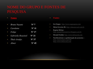 • Nomes
• Bruna Nayane Nº 7
• Carolaine Nº 11
• Felipe Nº 17
• Gabrielly Rouxinol Nº 21
• Thaís Araújo Nº 37
• Abner Nº 45
• Fontes
• Era Vargas- http://www.suapesquisa.com
• Metas Governo JK- http://educacao.uol.com.br
• Regime Militar-
http://geografianoamerico.blogspot.com.br
• Década Perdida- http://www.infoescola.com
• Neoliberalismo e a globalização da economia -
http://laurocampos.org.br e
http://www.infoescola.com
NOME DO GRUPO E FONTES DE
PESQUISA
 