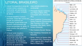 LITORAL BRASILEIRO
• Litoral Corresponde à zona de
contato entre o oceano e o
continente; em permanente
movimento, possui variação
de altura.
• O litoral brasileiro é pouco
recortado. Esse fato ocorre em
função da pobreza em
glaciações quaternárias que
atuaram intensamente nas
zonas temperadas do globo. O
poder erosivo das geleiras é
imenso.
• O litoral norte brasileiro
apresenta a plataforma
continental mais larga, pois
muitos rios (entre eles o
Amazonas), ali deságuam,
despejando uma quantidade
enorme de sedimentos.
mais estreita plataforma
continental.
• Principais lagoas costeiras:
dos Patos e Mirim (RS);
Conceição (SC); Araruama
(RJ).
• Ilhas Costeiras Continentais:
Santa Catarina (Florianópolis);
São Francisco (SC); São
Sebastião (Ilha Bela); Santo
Amaro (Guarujá).
• Ilha Costeira Aluvial: Marajó.
• Ilha Vulcânica: Fernando de
Noronha.
• Baías: Todos os Santos (BA);
Guanabara (RJ); Paranaguá
(PR); Laguna (SC); Angra dos
Reis e Parati (RJ).
 