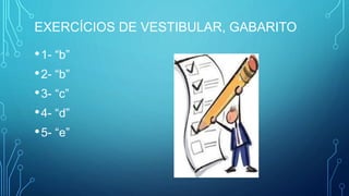 EXERCÍCIOS DE VESTIBULAR, GABARITO
•1- “b”
•2- “b”
•3- “c”
•4- “d”
•5- “e”
 