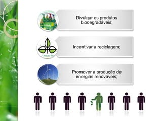 Divulgar os produtos
biodegradáveis;
Incentivar a reciclagem;
Promover a produção de
energias renováveis;
 
