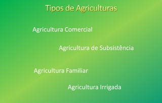 Agricultura Comercial
Agricultura de Subsistência
Agricultura Familiar
Agricultura Irrigada
 