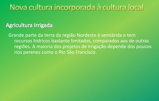 Grande parte da terra da região Nordeste é semiárida e tem
recursos hídricos bastante limitados, comparados aos de outras
regiões. A maioria dos projetos de irrigação depende dos poucos
rios perenes como o Rio São Francisco.
 