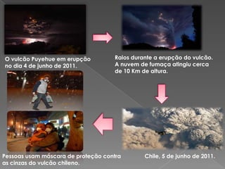 O vulcão Puyehue em erupção         Raios durante a erupção do vulcão.
no dia 4 de junho de 2011.          A nuvem de fumaça atingiu cerca
                                    de 10 Km de altura.




Pessoas usam máscara de proteção contra       Chile, 5 de junho de 2011.
as cinzas do vulcão chileno.
 