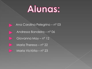 Ana Carolina Pelegrino – nº 03

Andressa Bandeira – nº 06

Giovanna May – nº 12

Maria Theresa – nº 22
Maria Victótia – nº 23
 