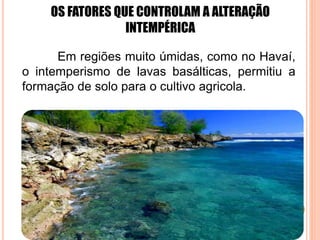 OS FATORES QUE CONTROLAM A ALTERAÇÃO
INTEMPÉRICA
Em regiões muito úmidas, como no Havaí,
o intemperismo de lavas basálticas, permitiu a
formação de solo para o cultivo agricola.
 