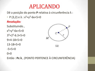 APLICANDO
Dê a posição do ponto P relativa à circunferência λ :
• P (3,2) e λ : x²+y²-6x+5=0
Resolução:
Substituindo ,
x²+y²-6x+5=0
3²+2²-6.3+5=0
9+4-18+5=0
13-18+5=0
-5+5=0
0=0
Então : Pϵ λ , (PONTO PERTENCE À CIRCUNFERÊNCIA)
 