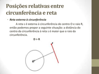 Posições relativas entre
circunferência e reta
• Reta externa à circunferência
A reta s é externa à circunferência de centro O e raio R,
então podemos propor a seguinte situação: a distância do
centro da circunferência à reta s é maior que o raio da
circunferência.
D > R
 