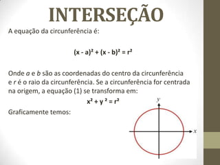 INTERSEÇÃO
A equação da circunferência é:
(x - a)² + (x - b)² = r²
Onde a e b são as coordenadas do centro da circunferência
e r é o raio da circunferência. Se a circunferência for centrada
na origem, a equação (1) se transforma em:
x² + y ² = r²
Graficamente temos:
 