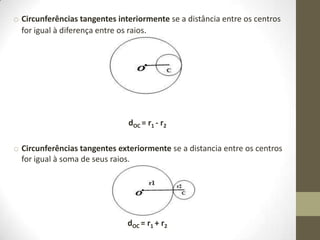 o Circunferências tangentes interiormente se a distância entre os centros
for igual à diferença entre os raios.
dOC = r1 - r2
o Circunferências tangentes exteriormente se a distancia entre os centros
for igual à soma de seus raios.
dOC = r1 + r2
 