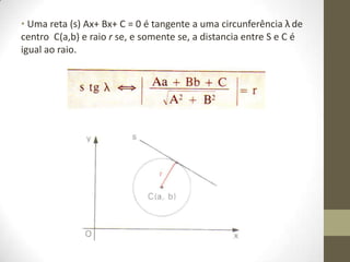 • Uma reta (s) Ax+ Bx+ C = 0 é tangente a uma circunferência λ de
centro C(a,b) e raio r se, e somente se, a distancia entre S e C é
igual ao raio.
 