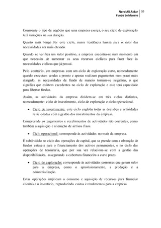 Nerd Ali Aidar
Fundo de Maneio
10
Consoante o tipo de negócio que uma empresa exerça, o seu ciclo de exploração
terá variações na sua duração.
Quanto mais longo for este ciclo, maior tendência haverá para o valor das
necessidades ser mais elevado.
Quando se verifica um valor positivo, a empresa encontra-se num momento em
que necessita de aumentar os seus recursos cíclicos para fazer face às
necessidades cíclicas que já possui.
Pelo contrário, em empresas com um ciclo de exploração curto, nomeadamente
quando executam vendas a pronto e apenas realizam pagamentos num prazo mais
alargado, as necessidades de fundo de maneio tornam-se negativas, o que
significa que existem excedentes no ciclo de exploração e este terá capacidade
para libertar fundos.
Assim, as actividades da empresa dividem-se em três ciclos distintos,
nomeadamente: ciclo de investimento, ciclo de exploração e ciclo operacional.
 Ciclo de investimento: este ciclo engloba todas as decisões e actividades
relacionadas com a gestão dos investimentos da empresa.
Compreende os pagamentos e recebimentos de actividades não correntes, como
também a aquisição e alienação de activos fixos.
 Ciclo operacional: corresponde às actividades normais da empresa.
É subdividido no ciclo das operações de capital, que se prende com a obtenção de
fundos estáveis para o financiamento dos activos permanentes, e no ciclo das
operações de tesouraria, que por sua vez relaciona-se com a gestão das
disponibilidades, assegurando a cobertura financeira a curto prazo.
 Ciclo de exploração: corresponde às actividades correntes que geram valor
para a empresa, como o aprovisionamento, a produção e a
comercialização.
Estas operações implicam o consumo e aquisição de recursos para financiar
clientes e o inventário, reproduzindo custos e rendimentos para a empresa.
 