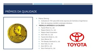 PRÊMIOS DA QUALIDADE
 Prêmio Deming
 Instituído em 1951 pela JUSE (União Japonesa de Cientistas e Engenheiros)
 Além de empresas, também contempla indivíduos
 MEDALLA JAPONESA A LA CALIDAD.
 Toyota Motor Co., Ltd.
 Nippon Electric Co., Ltd.
 Nippon Steel Corporation.
 Aisin Seiki, Co., Ltd.
 Toyota Auto Body Co., Ltd.
 Aisin-Warner Ltd.
 The Takoaka Industrial Co., Ltd.
 Aisin Seiki, Co., Ltd.
 Aisin AW Co., Ltd.
 Aisin Chemical Co., Ltd.
 