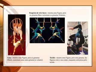 Lira – mostra uma Figura, pois as ginastas
(base), sustentam uma outra ginasta (a volante).
Trapézio de três faces - mostra uma Figura, pois
as ginastas Base sustentam as ginastas Volantes.
Tecido - mostra uma Figura, pois esta ginasta, faz
figuras com o seu corpo, enquanto está presa pelo
tecido.
 