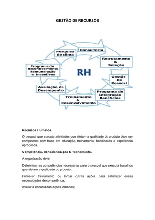 GESTÃO DE RECURSOS
Recursos Humanos.
O pessoal que executa atividades que afetam a qualidade do produto deve ser
competente com base em educação, treinamento, habilidades e experiência
apropriada.
Competência, Conscientização E Treinamento.
A organização deve:
Determinar as competências necessárias para o pessoal que executa trabalhos
que afetam a qualidade do produto;
Fornecer treinamento ou tomar outras ações para satisfazer essas
necessidades de competência;
Avaliar a eficácia das ações tomadas;
 