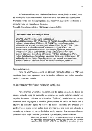 65
Consulta de itens alocados por aluno
CREATE VIEW Consulta_Aluno_Alocacao AS
select IdOperacao as OP, RAAluno as ID_ALUNO, (select NomeAlunos from
cadastro_alunos where RAAluno = ID_ALUNO) as NomeAluno, (select
IdMaterial from aluguel_operacao_itens where OP) as ID_MATERIAL, (select
NomeMaterial from material where IdMaterial = ID_MATERIAL) as
NomeMaterial, (select DataRetirada from aluguel_operacao_itens where
IdOperacao = OP) as DataRetirada, (select DataDevolucaoPrev from
aluguel_operacao_itens where IdOperacao = OP) as DataDevolucaoPrev,
(select DataDevolucao from aluguel_operacao_itens where IdOperacao = OP)
as DataDevolucao, (select StatusDevolucao from aluguel_operacao_itens
where IdOperacao = OP) as StatusDevolucao from aluguel_operacao;
Após desenvolvermos as tabelas referentes as transações (operações), cria-
se a view para exibir o resultado da operação, nesta view exibe-se a operação foi
finalizada ou não e os itens agregados a ela, disponível, ou perdido, sendo essa a
consulta inicial em nosso banco de dados.
Figura 26 - Exemplo de modelo de VIEW de operações em MySQL
Fonte: Autoria própria
Tanto na VIEW (Visão), como em SELECT (Consulta) utiliza-se o “AS” para
relacionar itens que passaram para parâmetros utilizados em outras consultas
dentro do mesmo comando.
13.3 DESENVOLVIMENTO DE TRIGGERS (GATILHOS)
Para obtermos um melhor funcionamento de ações aplicadas no banco de
dados, evitando erros de execução, os mesmos os quais poderiam resultar em
registros incorretos, utiliza-se os chamados (“Gatilhos”), sendo esse um recurso
oferecido pelas linguagens e sistemas gerenciadores de banco de dados com o
objetivo de executar ações no banco de dados baseadas em entradas por
parâmetros os quais sofrem ações tanto em inserção, tais como em alteração e
remoção de entradas no banco de dados, sendo esse um dos recursos utilizados
para otimização no processo de geração de logs de operações em sistemas.
Segundo (W3RESOURCE, 2013) “Um gatilho é um conjunto de ações que
são executados automaticamente quando uma operação de mudança
específico (SQL INSERT, UPDATE ou DELETE) é executada em uma
 