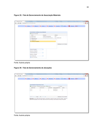 83
Figura 35 - Tela de Gerenciamento de Associação Materiais
Fonte: Autoria própria
Figura 36 - Tela de Gerenciamento de alocações
Fonte: Autoria própria
 