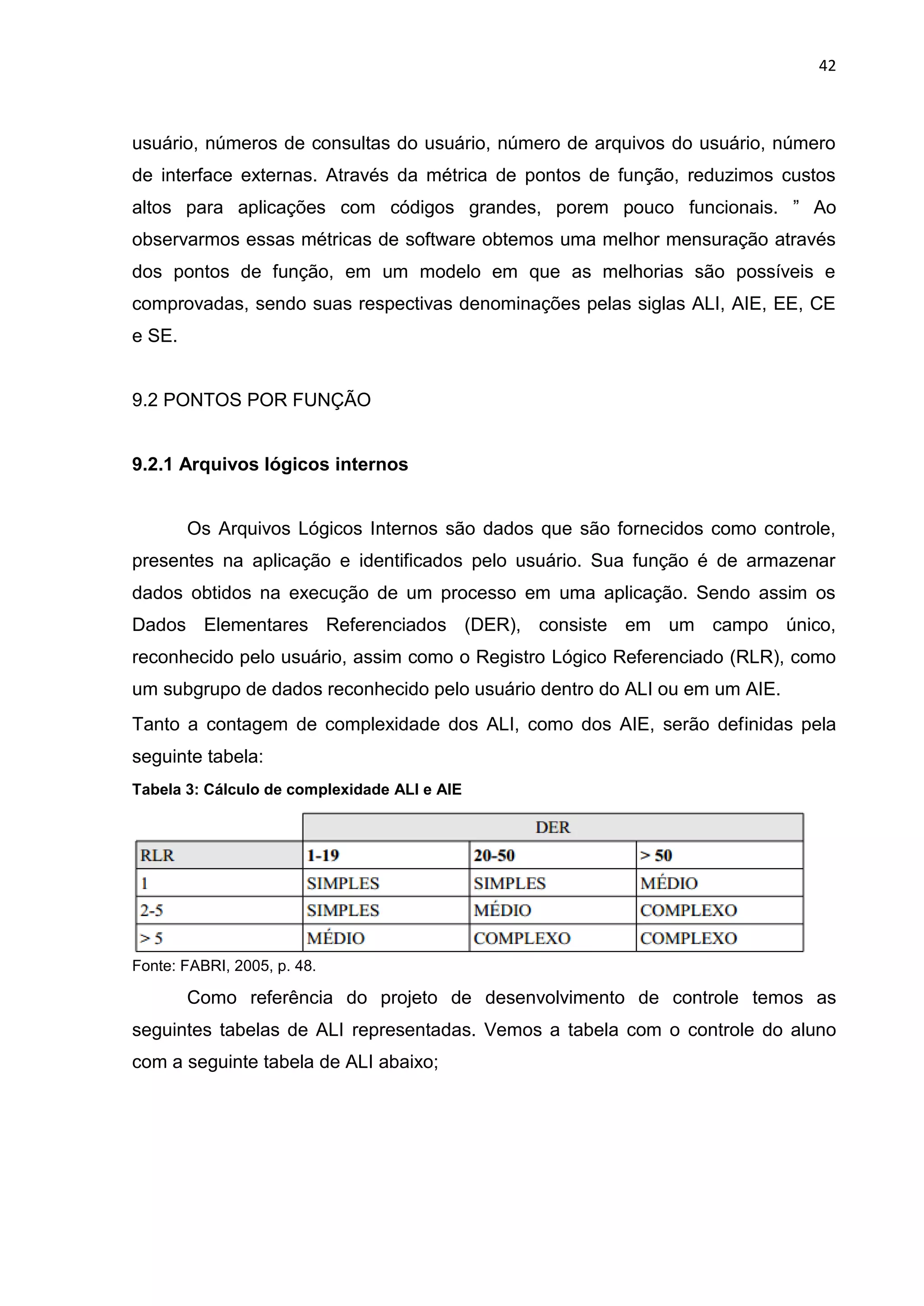 42
usuário, números de consultas do usuário, número de arquivos do usuário, número
de interface externas. Através da métrica de pontos de função, reduzimos custos
altos para aplicações com códigos grandes, porem pouco funcionais. ” Ao
observarmos essas métricas de software obtemos uma melhor mensuração através
dos pontos de função, em um modelo em que as melhorias são possíveis e
comprovadas, sendo suas respectivas denominações pelas siglas ALI, AIE, EE, CE
e SE.
9.2 PONTOS POR FUNÇÃO
9.2.1 Arquivos lógicos internos
Os Arquivos Lógicos Internos são dados que são fornecidos como controle,
presentes na aplicação e identificados pelo usuário. Sua função é de armazenar
dados obtidos na execução de um processo em uma aplicação. Sendo assim os
Dados Elementares Referenciados (DER), consiste em um campo único,
reconhecido pelo usuário, assim como o Registro Lógico Referenciado (RLR), como
um subgrupo de dados reconhecido pelo usuário dentro do ALI ou em um AIE.
Tanto a contagem de complexidade dos ALI, como dos AIE, serão definidas pela
seguinte tabela:
Tabela 3: Cálculo de complexidade ALI e AIE
Fonte: FABRI, 2005, p. 48.
Como referência do projeto de desenvolvimento de controle temos as
seguintes tabelas de ALI representadas. Vemos a tabela com o controle do aluno
com a seguinte tabela de ALI abaixo;
 