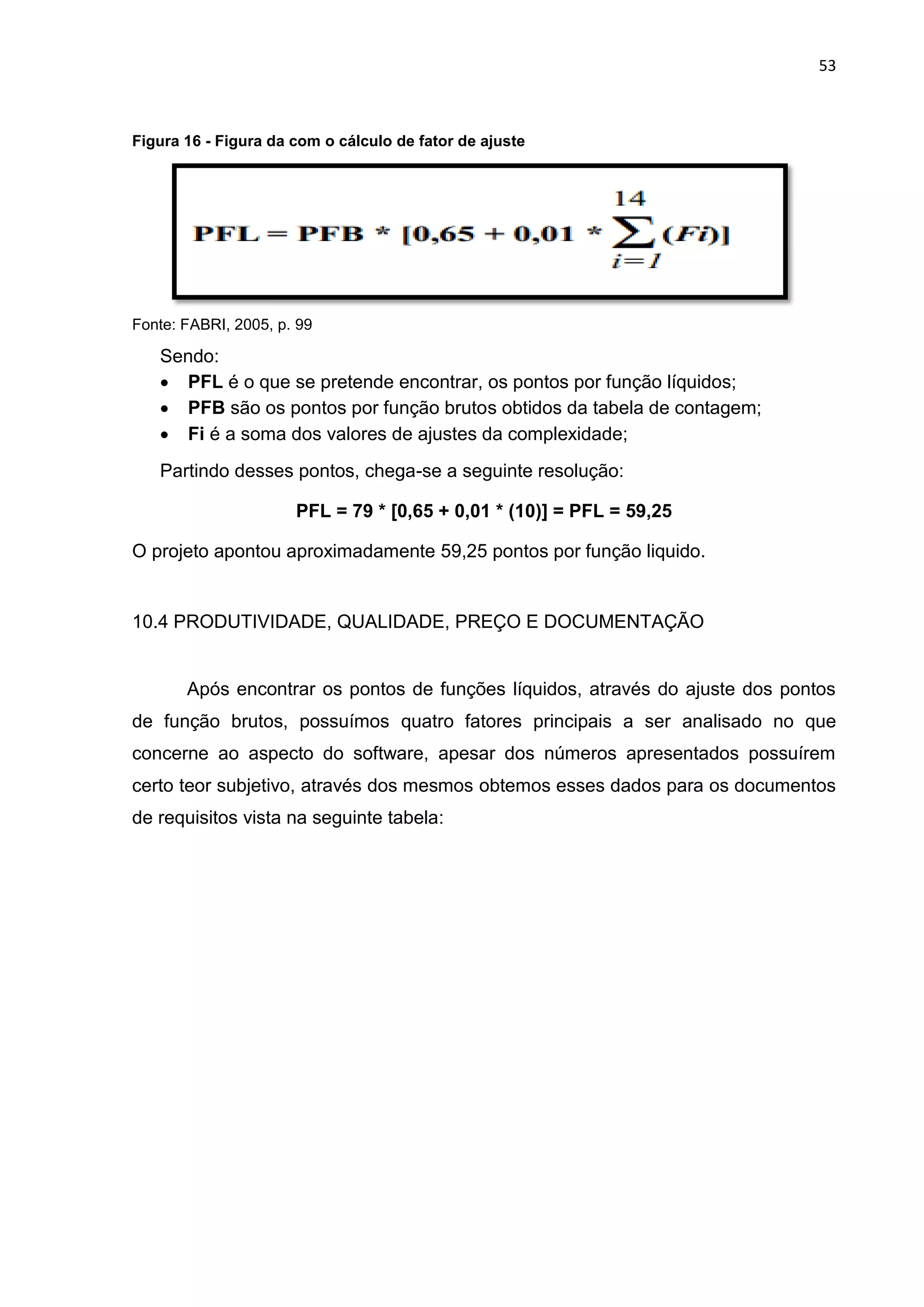 53
Figura 16 - Figura da com o cálculo de fator de ajuste
Fonte: FABRI, 2005, p. 99
Sendo:
 PFL é o que se pretende encontrar, os pontos por função líquidos;
 PFB são os pontos por função brutos obtidos da tabela de contagem;
 Fi é a soma dos valores de ajustes da complexidade;
Partindo desses pontos, chega-se a seguinte resolução:
PFL = 79 * [0,65 + 0,01 * (10)] = PFL = 59,25
O projeto apontou aproximadamente 59,25 pontos por função liquido.
10.4 PRODUTIVIDADE, QUALIDADE, PREÇO E DOCUMENTAÇÃO
Após encontrar os pontos de funções líquidos, através do ajuste dos pontos
de função brutos, possuímos quatro fatores principais a ser analisado no que
concerne ao aspecto do software, apesar dos números apresentados possuírem
certo teor subjetivo, através dos mesmos obtemos esses dados para os documentos
de requisitos vista na seguinte tabela:
 