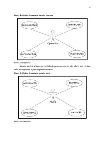 31
Figura 4 - Modelo de casos de uso ator operador
Fonte: Autoria própria
Abaixo vemos a figura do modelo de casos de uso do ator aluno que contará
com as seguintes ações de gerenciamento.
Figura 5 - Modelo de casos de uso ator aluno
Fonte: Autoria própria
 