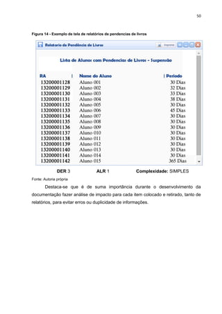 50
Figura 14 - Exemplo de tela de relatórios de pendencias de livros
DER 3 ALR 1 Complexidade: SIMPLES
Fonte: Autoria própria
Destaca-se que é de suma importância durante o desenvolvimento da
documentação fazer análise de impacto para cada item colocado e retirado, tanto de
relatórios, para evitar erros ou duplicidade de informações.
 