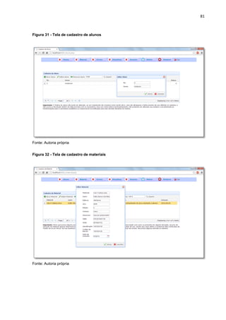 81
Figura 31 - Tela de cadastro de alunos
Fonte: Autoria própria
Figura 32 - Tela de cadastro de materiais
Fonte: Autoria própria
 