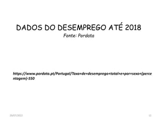 29/07/2022 12
DADOS DO DESEMPREGO ATÉ 2018
Fonte: Pordata
https://www.pordata.pt/Portugal/Taxa+de+desemprego+total+e+por+sexo+(perce
ntagem)-550
 