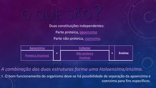 O QUE SÃO?
A combinação das duas estruturas forma uma Holoenzima/enzima.
• O bom funcionamento do organismo deve-se há possibilidade de separação da apoenzima e
coenzima para fins específicos.
Duas constituições independentes:
Parte proteíca, apoenzima
Parte não-proteíca, coenzima.
Apoenzima
+
Cofactor
= Enzima
Proteíca (Inactiva)
Não proteica
(Inativa)
 