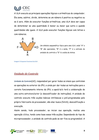 A ULA executa as principais operações lógicas e aritméticas do computador.

Ela soma, subtrai, divide, determina se um número é positivo ou negativo ou

se é zero. Além de executar funções aritméticas, uma ULA deve ser capaz

de determinar se uma quantidade é menor ou maior que outra e quando

quantidades são iguais. A ULA pode executar funções lógicas com letras e

com números.




                                    Um símbolo esquemático típico para uma ULA, onde "A" e

                                    "B" são operandos, "R" é a saída, "F" é a entrada da

                                    unidade de controlo e "D" é a saída de status.




Imagem 5-Esquema Funcional da ULA




Unidade de Controle

Unidade de Controle(UC), responsável por gerar todos os sinais que controlam

as operações no exterior da CPU, e ainda por dar todas as instruções para o

correto funcionamento interno da CPU; a apoiá-la/o terá a colaboração de

uma outra estrutura/actor (o descodificador de instruções). A unidade de

controle executa três acções básicas intrínsecas e pré-programadas pelo

próprio fabricante do processador, são elas: busca (fetch), descodificação e

execução.

Assim sendo, todo processador, ao iniciar sua operação, realiza uma

operação cíclica, tendo como base essas três acções. Dependendo do tipo de

microprocessador, a unidade de controle pode se ser fixa ou programável. A




                                                                                        8
 