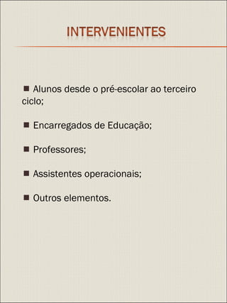    Alunos desde o pré-escolar ao terceiro ciclo;    Encarregados de Educação;    Professores;    Assistentes operacionais;    Outros elementos. 
