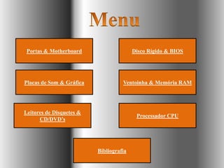 Portas & Motherboard                    Disco Rígido & BIOS




Placas de Som & Gráfica             Ventoinha & Memória RAM




Leitores de Disquetes &
                                          Processador CPU
      CD/DVD’s




                          Bibliografia
 