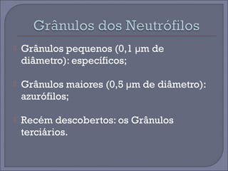  Grânulos pequenos (0,1 μm de 
diâmetro): específicos; 
 Grânulos maiores (0,5 μm de diâmetro): 
azurófilos; 
 Recém descobertos: os Grânulos 
terciários. 
 