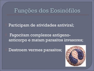  Participam de atividades antiviral; 
 Fagocitam complexos antígeno-anticorpo 
e matam parasitos invasores; 
 Destroem vermes parasitos; 
 