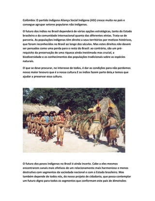 Colômbia: O partido indígena Aliança Social Indígena (ASI) cresce muito no país e
consegue agrupar setores populares não indígenas.
O futuro dos índios no Brasil dependerá de várias opções estratégicas, tanto do Estado
brasileiro e da comunidade internacional quanto das diferentes etnias. Trata-se de
parceria. As populações indígenas têm direito a seus territórios por motivos históricos,
que foram reconhecidos no Brasil ao longo dos séculos. Mas estes direitos não devem
ser pensados como uma perda para o resto do Brasil: ao contrário, são um pré-
requisito da preservação de uma riqueza ainda inestimada mas crucial, a
biodiversidade e os conhecimentos das populações tradicionais sobre as espécies
naturais.
O que se deve procurar, no interesse de todos, é dar as condições para não perdemos
nosso maior tesouro que é a nossa cultura.E os índios fazem parte dela,e temos que
ajudar a preservar essa cultura.
O futuro dos povos indígenas no Brasil é ainda incerto. Cabe a eles mesmos
encontrarem canais mais efetivos de um relacionamento mais harmonioso e menos
destrutivo com segmentos da sociedade nacional e com o Estado brasileiro. Mas
também depende de todos nós, do nosso projeto de cidadania, que possa contemplar
um futuro digno para todos os segmentos que conformam este país de dimensões
 