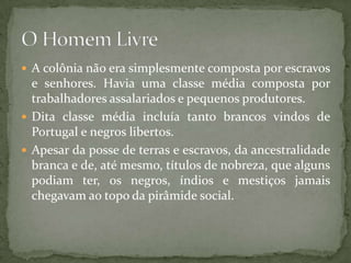  A colônia não era simplesmente composta por escravos
  e senhores. Havia uma classe média composta por
  trabalhadores assalariados e pequenos produtores.
 Dita classe média incluía tanto brancos vindos de
  Portugal e negros libertos.
 Apesar da posse de terras e escravos, da ancestralidade
  branca e de, até mesmo, títulos de nobreza, que alguns
  podiam ter, os negros, índios e mestiços jamais
  chegavam ao topo da pirâmide social.
 