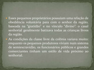  Esses pequenos proprietários possuíam uma relação de
  obediência voluntária para com o senhor da região,
  baseada na “gratidão” e no vínculo “divino”: o casal
  senhorial geralmente batizava todas as crianças livres
  da região.
 As condições da classe livre da colônia variava muito:
  enquanto os pequenos produtores viviam num sistema
  de semiescravidão, os funcionários públicos e grandes
  comerciantes tinham um estilo de vida próximo ao
  senhorial.
 