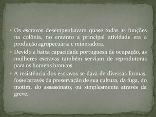  Os escravos desempenhavam quase todas as funções
  na colônia, no entanto a principal atividade era a
  produção agropecuária e mineradora.
 Devido a baixa capacidade portuguesa de ocupação, as
  mulheres escravas também serviam de reprodutoras
  para os homens brancos.
 A resistência dos escravos se dava de diversas formas,
  fosse através da preservação de sua cultura, da fuga, do
  motim, do assassinato, ou simplesmente através da
  greve.
 