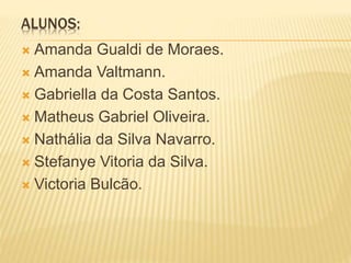 ALUNOS: 
 Amanda Gualdi de Moraes. 
 Amanda Valtmann. 
 Gabriella da Costa Santos. 
 Matheus Gabriel Oliveira. 
 Nathália da Silva Navarro. 
 Stefanye Vitoria da Silva. 
 Victoria Bulcão. 
 