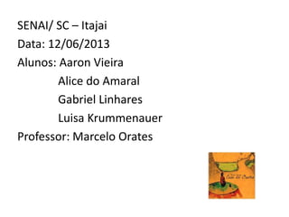 SENAI/ SC – Itajai
Data: 12/06/2013
Alunos: Aaron Vieira
Alice do Amaral
Gabriel Linhares
Luisa Krummenauer
Professor: Marcelo Orates
 