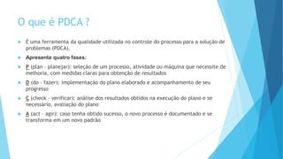 O que é PDCA ?
 É uma ferramenta da qualidade utilizada no controle do processo para a solução de
problemas (PDCA).
 Apresenta quatro fases:
 P (plan – planejar): seleção de um processo, atividade ou máquina que necessite de
melhoria, com medidas claras para obtenção de resultados
 D (do – fazer): implementação do plano elaborado e acompanhamento de seu
progresso
 C (check – verificar): análise dos resultados obtidos na execução do plano e se
necessário, avaliação do plano
 A (act – agir): caso tenha obtido sucesso, o novo processo é documentado e se
transforma em um novo padrão
 