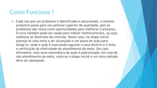 Como Funciona ?
 Cada vez que um problema é identificado e solucionado, o sistema
produtivo passa para um patamar superior de qualidade, pois os
problemas são vistos como oportunidades para melhorar o processo.
O ciclo também pode ser usado para induzir melhoramentos, ou seja,
melhorar as diretrizes de controle. Neste caso, na etapa inicial
planeja-se uma meta a ser alcançada e um plano de ação para
atingi-la, onde a ação é executada segundo a nova diretriz e é feita
a verificação da efetividade do atendimento da meta. Em caso
afirmativo, esta nova sistemática de ação é padronizada; em caso de
não atendimento da meta, volta-se a etapa inicial e um novo método
deve ser planejado.
 