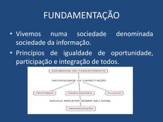 FUNDAMENTAÇÃO 
• Vivemos numa sociedade denominada 
sociedade da informação. 
• Princípios de igualdade de oportunidade, 
participação e integração de todos. 
 
