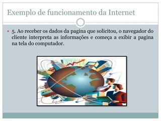 Exemplo de funcionamento da Internet

 5. Ao receber os dados da pagina que solicitou, o navegador do
  cliente interpreta as informações e começa a exibir a pagina
  na tela do computador.
 