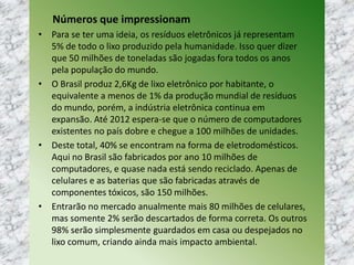 Números que impressionam
• Para se ter uma ideia, os resíduos eletrônicos já representam
5% de todo o lixo produzido pela humanidade. Isso quer dizer
que 50 milhões de toneladas são jogadas fora todos os anos
pela população do mundo.
• O Brasil produz 2,6Kg de lixo eletrônico por habitante, o
equivalente a menos de 1% da produção mundial de resíduos
do mundo, porém, a indústria eletrônica continua em
expansão. Até 2012 espera-se que o número de computadores
existentes no país dobre e chegue a 100 milhões de unidades.
• Deste total, 40% se encontram na forma de eletrodomésticos.
Aqui no Brasil são fabricados por ano 10 milhões de
computadores, e quase nada está sendo reciclado. Apenas de
celulares e as baterias que são fabricadas através de
componentes tóxicos, são 150 milhões.
• Entrarão no mercado anualmente mais 80 milhões de celulares,
mas somente 2% serão descartados de forma correta. Os outros
98% serão simplesmente guardados em casa ou despejados no
lixo comum, criando ainda mais impacto ambiental.
 
