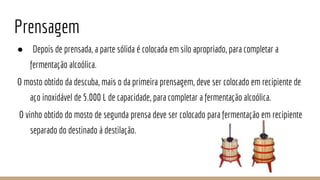 Prensagem
● Depois de prensada, a parte sólida é colocada em silo apropriado, para completar a
fermentação alcoólica.
O mosto obtido da descuba, mais o da primeira prensagem, deve ser colocado em recipiente de
aço inoxidável de 5.000 L de capacidade, para completar a fermentação alcoólica.
O vinho obtido do mosto de segunda prensa deve ser colocado para fermentação em recipiente
separado do destinado à destilação.
 